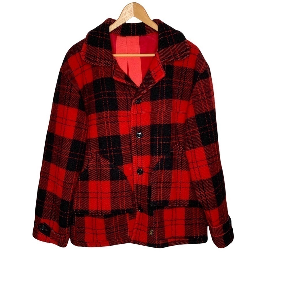 Vtg DuxBak Mens Wool Hunting Coat Size Medium Buffalo Check red Black